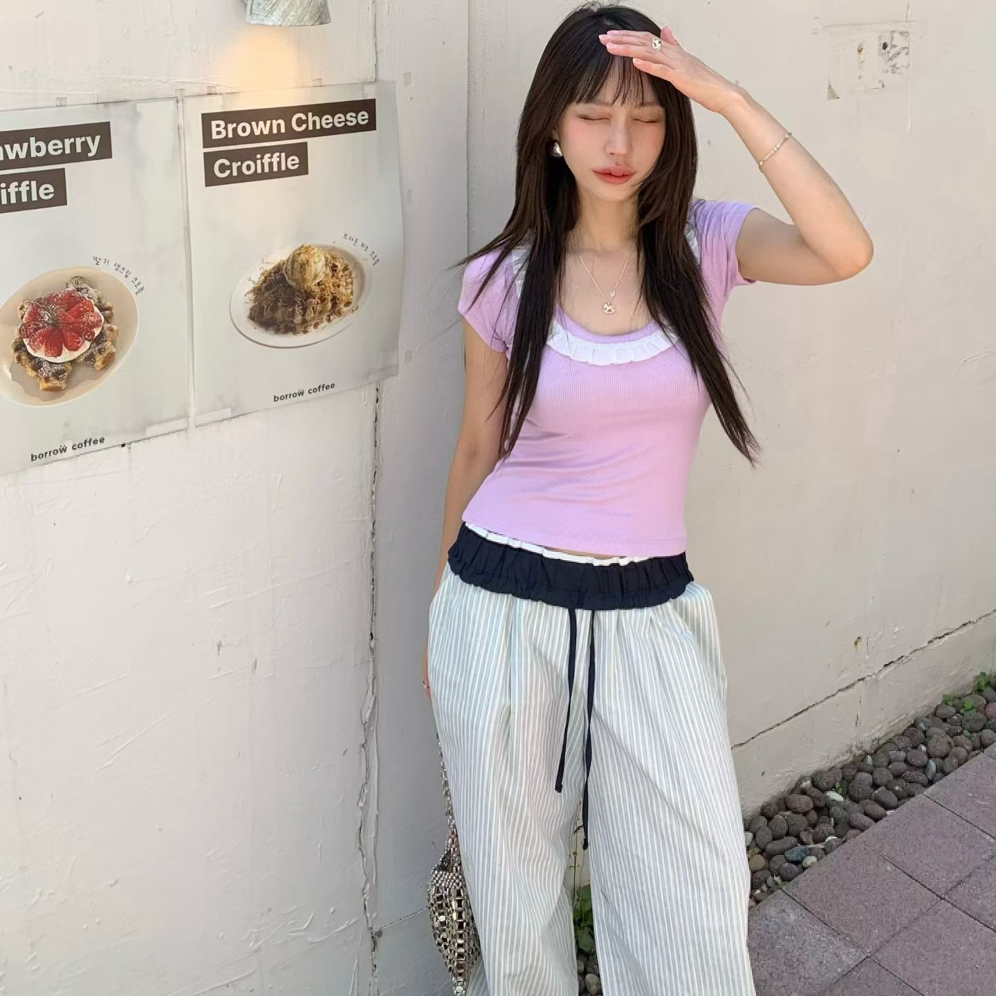 여름 새로운 프릴 u 칼라 고급 센스 몸매 가꾸기 슬림해 보이는 다용도 맨위 티셔츠