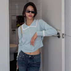 批发新款韩国ins 时尚气质百搭花边拼接开衫针织上衣
