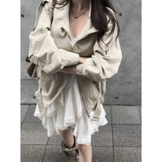 批发韩系宽松复古立领长袖风衣外套女<b class='q'>春</b>季新款正肩上衣