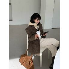 批发韩版黑色立领长袖短款收腰系带双排扣毛呢外套 显瘦气质