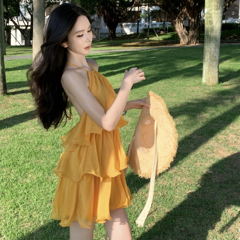 캘리포니아 주 일몰 휴가 낭만주의 드레스 다중 레이어 연꽃 잎 광택 실 미니 스커트 작은 드레스 치마