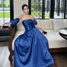 批发蓝色<b class='q'>礼服</b>女法式高级感宴会迎宾<b class='q'>敬酒</b>服新娘订婚生日聚会一字肩长裙