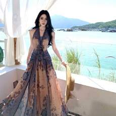 批发轻奢高定2025度假新款复古印花V领<b class='q'>露背</b>收腰吊带挂脖连衣长裙