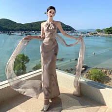 批发人间浮游染韵仙姿植物染拓印花<b class='q'>连衣裙</b>2025初夏露背长裙女2025新款