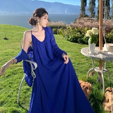 批发蔚蓝假日】性感法式<b class='q'>吊带</b>长裙度假露背设计款衬衫套装