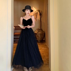 批发法式小众设计感复古黑色吊带拼接网纱连衣<b class='q'>裙</b>女名媛气质宴会礼服