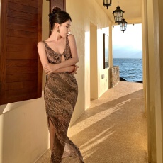 批发欧美风<b class='q'>豹纹</b><b class='q'>连衣裙</b>女ins性感纯欲镂空系带蛇纹拼接party鱼尾礼服裙