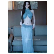 批发度假套装女气质名媛小众设计性感交叉<b class='q'>挂</b><b class='q'>脖</b>上衣荷叶花边长裙两件套