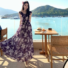 批发印花无袖长款<b class='q'>连衣裙</b>女夏季2025年新款收腰显瘦气质度假长裙子