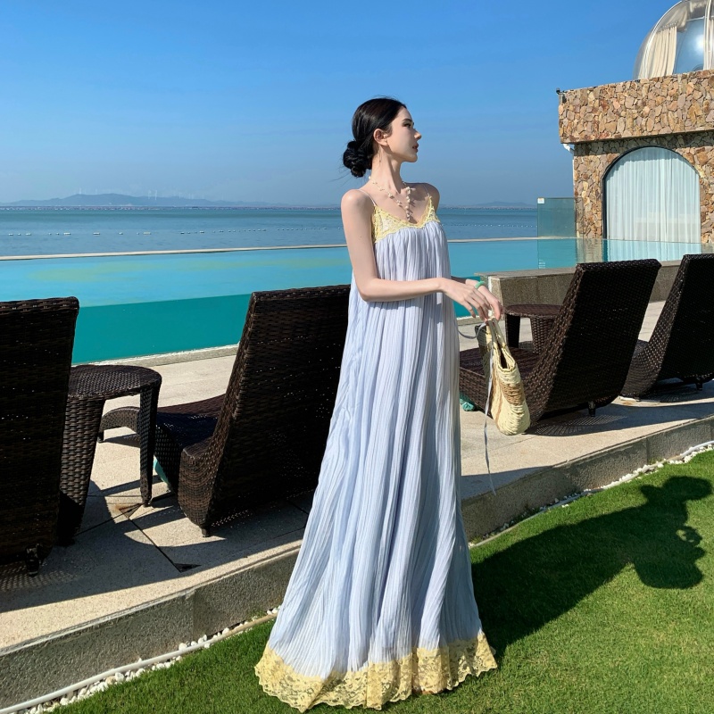 복제본 개선 레트로 스타일 주름 디자인 센스 레이스 슬립 드레스