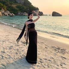 批发重要场合漂亮晚<b class='q'>礼服</b><b class='q'>黑色</b>薄纱抹胸连衣裙女纯欲性感氛围感气质长裙