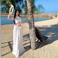 批发度假套装女气质名媛小众设计性感交叉挂脖上衣荷叶花边长裙<b class='q'>两件套</b>