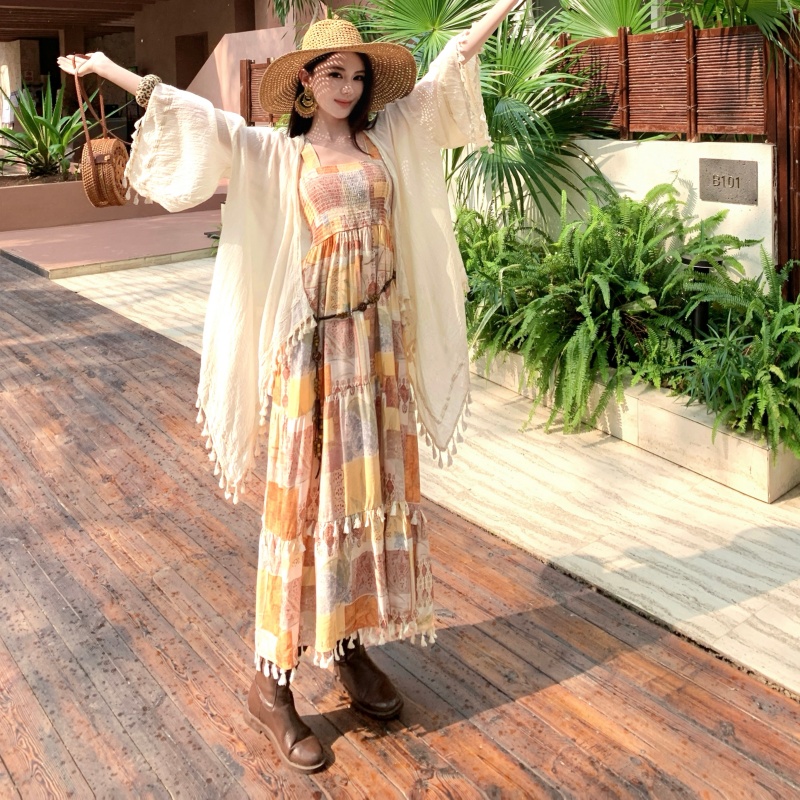 보헤미안 낭만주의 휴가 바람 세트 여름 새로운 오픈 가디건 민족 스타일 프린트 슬립 드레스 투피스 세트