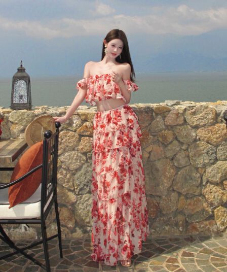 프랑스식 순수한 욕망 섹시함 꽃무늬 쇼트 스타일 캐미솔 맨위 여성 휴가 바람 하이웨이스트 큰 진자 반신 스커트 투피스 세트