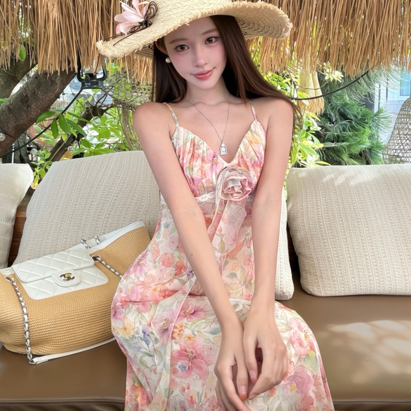 벚꽃 복숭아 복숭아 롱 코트 V넥 프린트 명중 가져 가라. 허리 수축 슬립 여성 드레스 여름 달콤함 롱 스커트