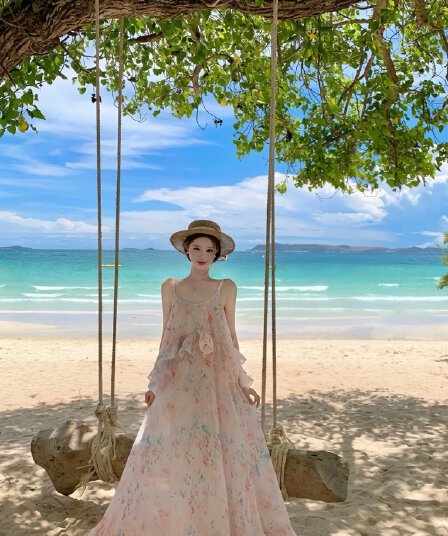 해변가 휴가 바람 핑크색 프린트 슬립 여성 드레스 V넥 프릴 연령 감소 아름다운 아니요 명중 섹션 롱 스커트