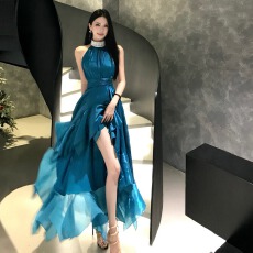 批发千金感镶钻蓝色挂脖<b class='q'>连衣裙</b>女精致气质名媛生日party礼服