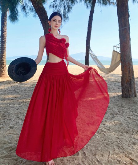 빨간색 Shan 프랑스식 빨간색 비스듬한 칼라 이슬 허리 여성 드레스 여름 3 차원 꽃 Tulle 품격 길다 치마