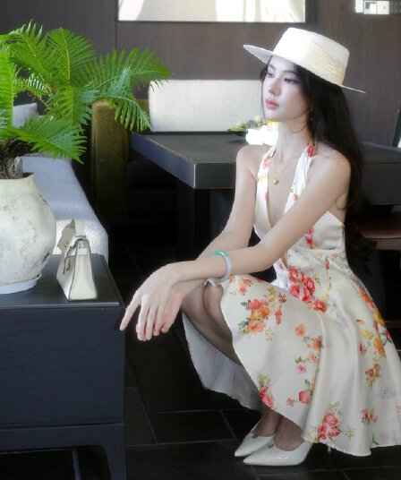 프랑스식 V넥 행침 목 한 마디 허리 수축 꽃무늬 여성 드레스 여름 중간 길이 핫걸 몸매 가꾸기 치마