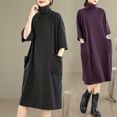 批发洋气大码女装胖MM秋季新款韩版高领长款T恤口袋<b class='q'>连衣裙</b>遮肉显瘦