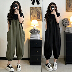 批发大码<b class='q'>女</b>装夏季文艺棉麻背带裤<b class='q'>女</b>宽松九分裤显瘦洋气吊带连体灯笼裤