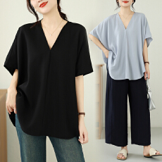 批发V领短袖衬衫春夏新款<b class='q'>大码</b>微胖MM气质休闲慵懒风宽松遮手臂<b class='q'>上衣</b>