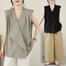 批发独特不规则荷叶边无袖衬衫夏季新款<b class='q'>大码</b>胖MM高级感宽松气质<b class='q'>上衣</b>