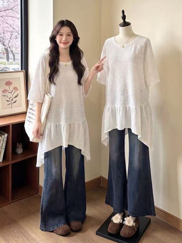 긍정적 인 어깨 반팔 티셔츠 새로운 여름 빅 사이즈 지방 mm 불규칙 중간 길이 표지 엉덩이 맨위