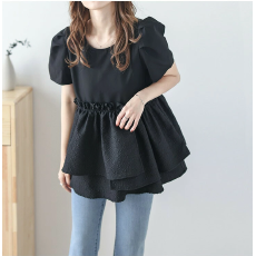 批发2026夏季新款 乐天显瘦日系女装纯色圆领拼接短袖<b class='q'>衬衫</b>上衣雪纺衫