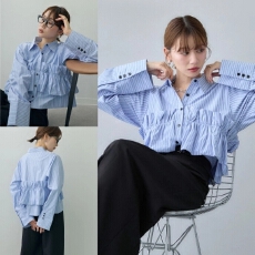 批发外贸女装日韩 春秋新款条纹百搭翻领花边裙摆条纹经典<b class='q'>OL</b><b class='q'>衬衫</b>女式