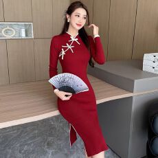 批发旗袍年轻款高端<b class='q'>气质</b>复古少女紧身中式改良红色针织包臀<b class='q'>连衣裙</b>秋季