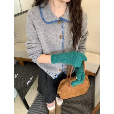 批发<b class='q'>韩版</b>娃娃领慵懒风灰色针织衫开衫女秋冬季宽松毛衣外套气质上衣潮