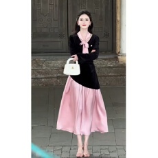批发法式轻奢缎面丝绒<b class='q'>连衣裙</b>2025秋季新款显瘦气质拼接<b class='q'>撞色</b>假两件长裙