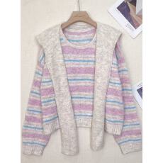 批发秋冬季新款圆领套头条纹带披肩毛衣女韩版休闲软糯外穿宽松针织衫