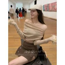 批发法式烫钻一字肩毛毛袖针织衫女高级感气质绝美内搭修身打底衫上衣