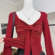 批发法式烫钻一字肩毛毛袖针织衫女高级感气质绝美内搭修身打底衫上衣