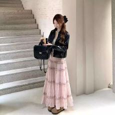 批发里层加绒~韩式复古粉色蛋糕长裙女春秋新款甜美a字<b class='q'>百搭</b>拼接半身裙