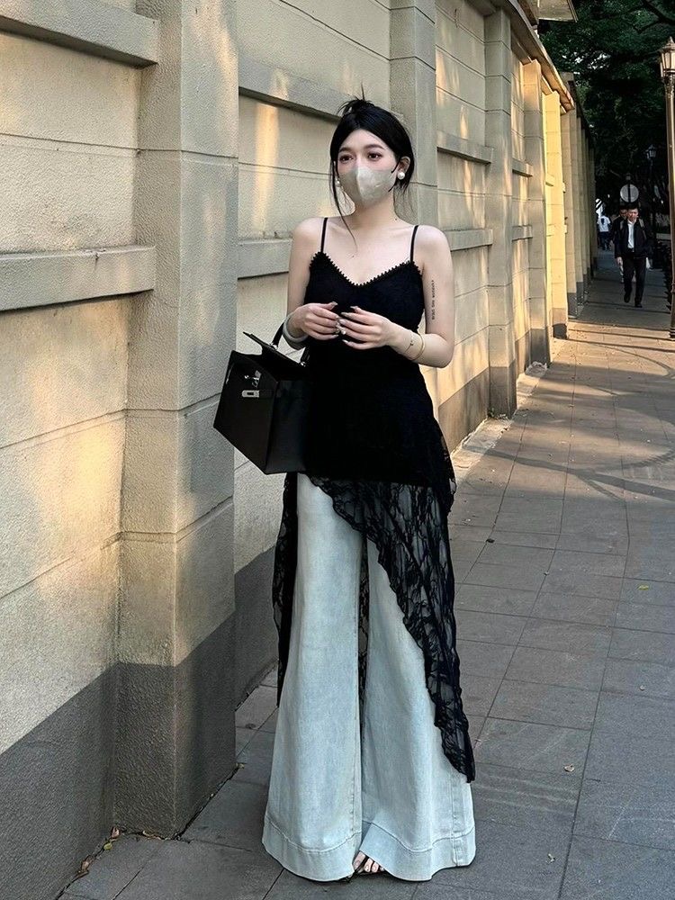 순수한 욕망 검정색 디자인 센스 아름다운 꼬집기 허리 여성 드레스 여름 핫걸 불규칙 레이스 슬립 맨위 ins 트렌디