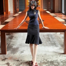 批发美式复古黑色压褶裙摆半身裙女夏新款休闲显瘦A字鱼尾裙<b class='q'>百搭</b>中裙