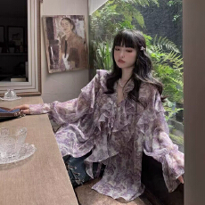 300斤大码紫芋玫瑰少女重工复古设计感小众衬衫女显瘦防晒上衣