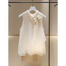 批发雪纺<b class='q'>无袖</b>衬衫<b class='q'>上衣</b>新款遮肚子小衫百搭气质法式蝴蝶结女套头衬衣