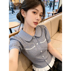 批发夏季复古学院风格子衬衫女<b class='q'>短袖</b>娃娃领蕾丝花边拼接设计感短款上衣