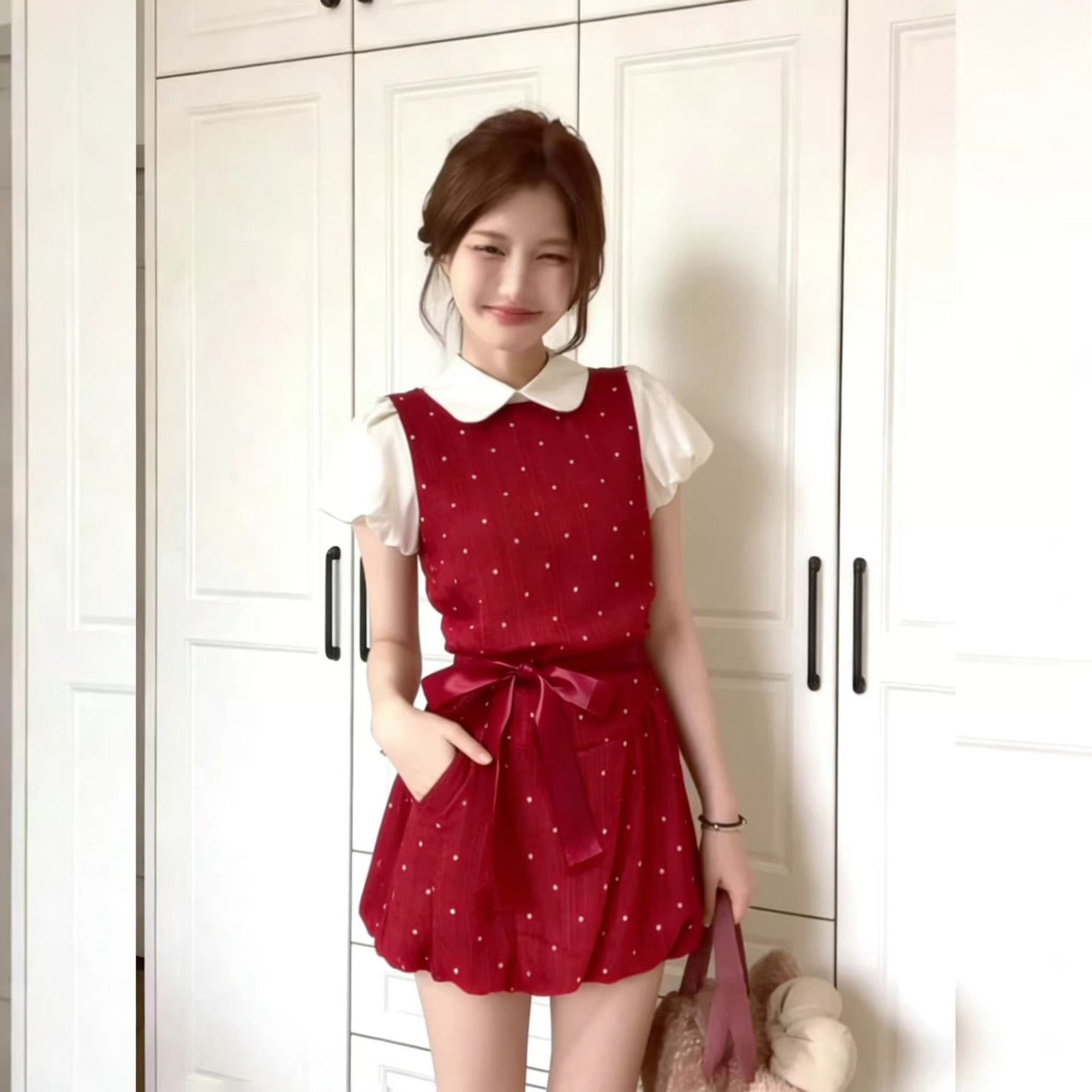 체리 버블 물 페이크 레이어드 허리 수축 버블 푸 치마 달콤함 작은 키 레트로 프린트 반팔 드레스 2026