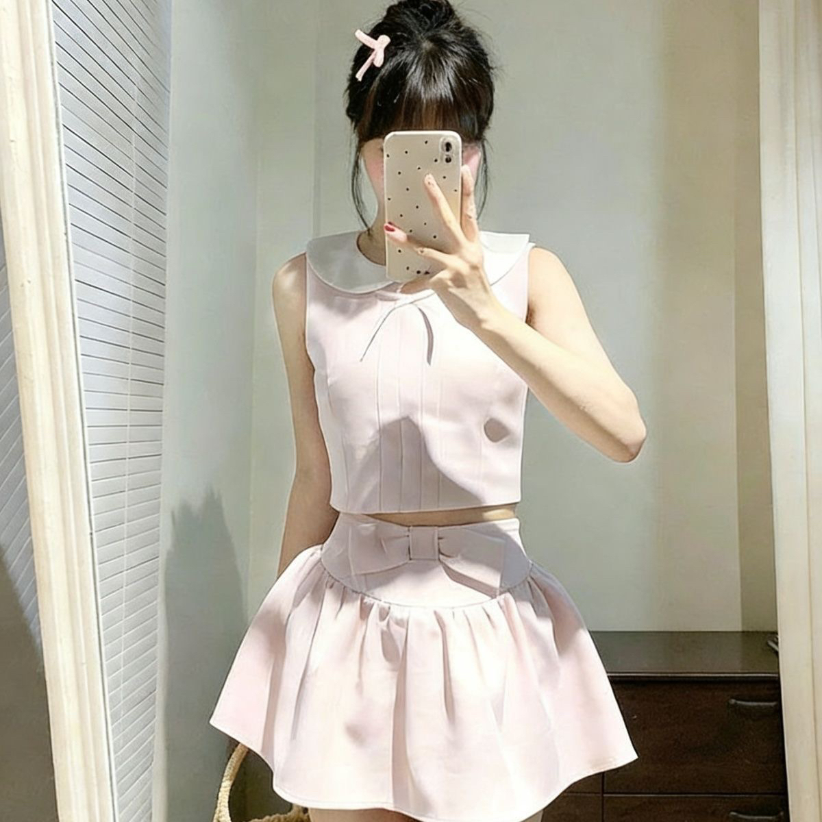 여름 새로운 몸매 가꾸기 베이비 칼라 민소매 맨위 세트 핫걸 배색 달콤함 학원 스타일 반신 스커트 투피스 세트