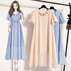 批发夏季大码女装雪纺连衣裙新款纯色中长款短袖夏款雪纺裙