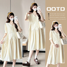 夏季大码孕妇装雪纺连衣裙纯色收腰中长款显瘦V领短袖孕妇裙子夏