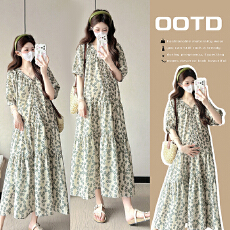 批发夏季短袖孕妇装连衣裙中长款碎花雪纺小清新连衣裙<b class='q'>大码</b>孕妈妈裙子