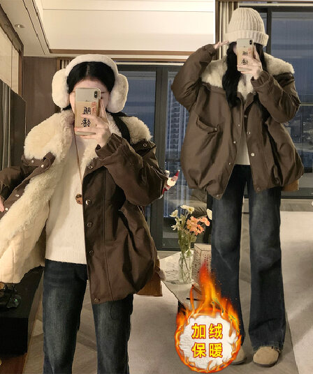 겨울 면 의류 새로운 단색 선택하지 마라. 작은 사람 개인 학원 스타일 레트로 섹션 털이 있고 두꺼운 양털 플리스 면 옷 여성