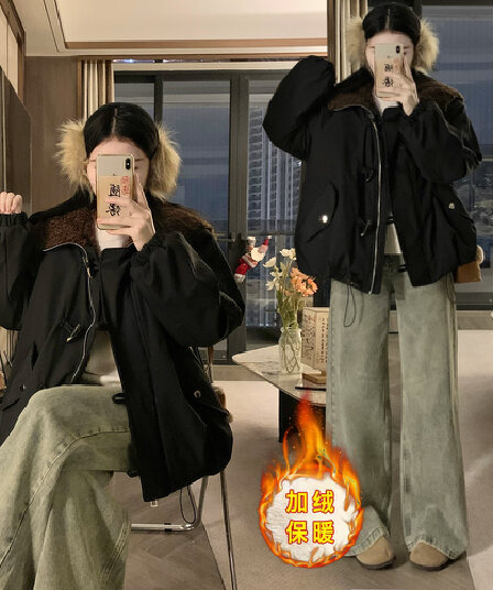 겨울 면 옷 새로운 단색 루즈핏 패션 양털 플리스 모피 칼라 후드 털이 있고 두꺼운 면 의류 여성 의류 재킷