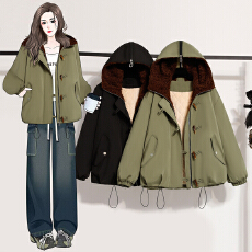 批发冬季棉衣新款纯色宽松时尚羊羔绒毛领连帽加绒加厚棉服女装外套